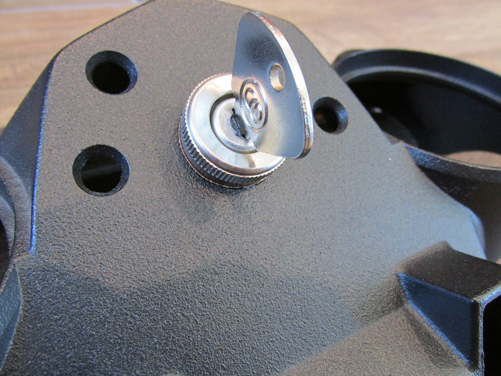 Top nut in place with key. An original top nut from a 1967 - 1976 Moto Guzzi V700, V7 Special, Ambassador, 850 GT, 850 GT California, Eldorado, or 850 California Police model will also fit perfectly.