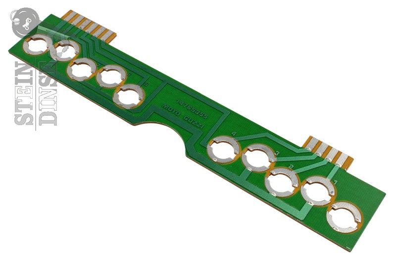 Instead of routing a pair of wires to each bulb, the printed circuit instrument panel uses this printed circuit board to distribute power to the dash indicator bulbs (MG# 14765355). Printed circuit board not included.