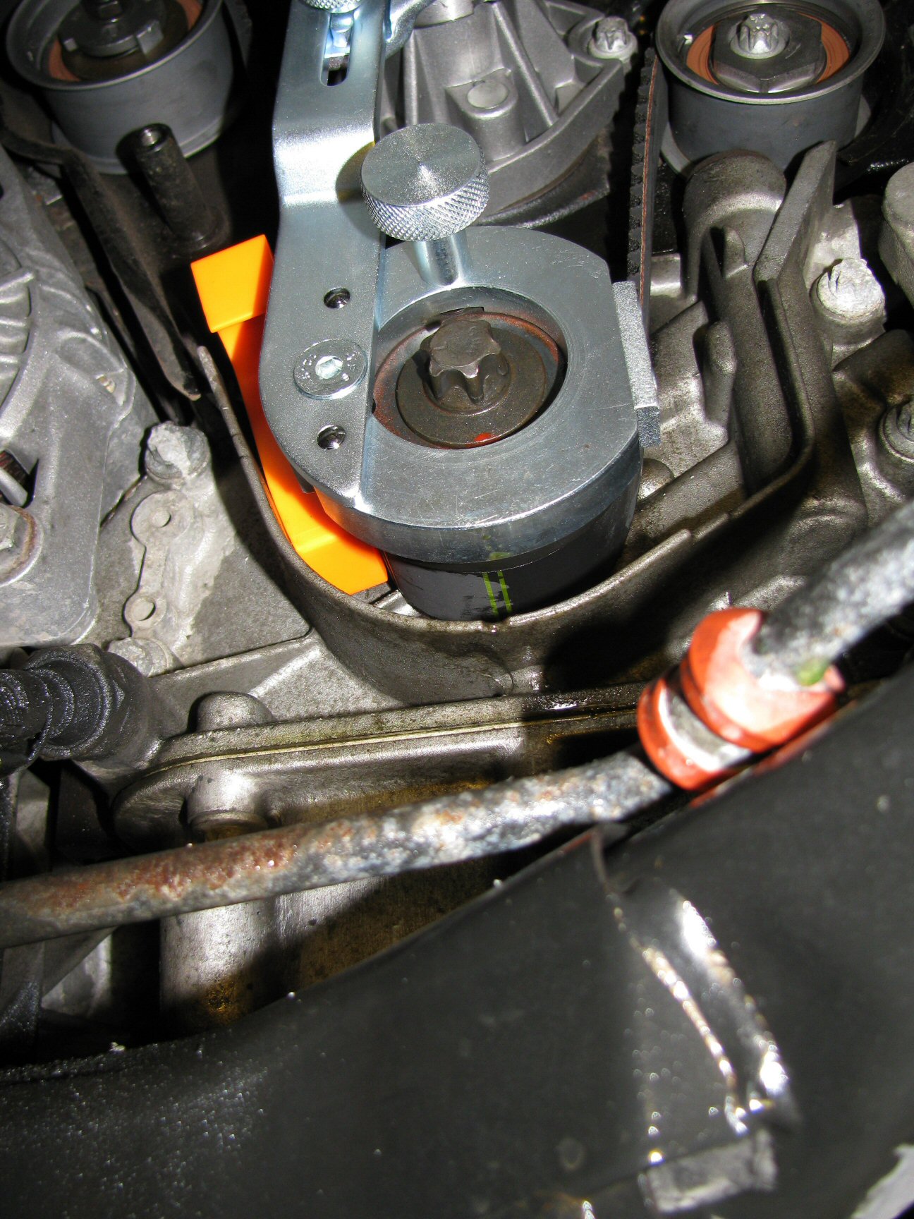 New belt positioned on the crankshaft pulley. Note the double green lines on the belt.